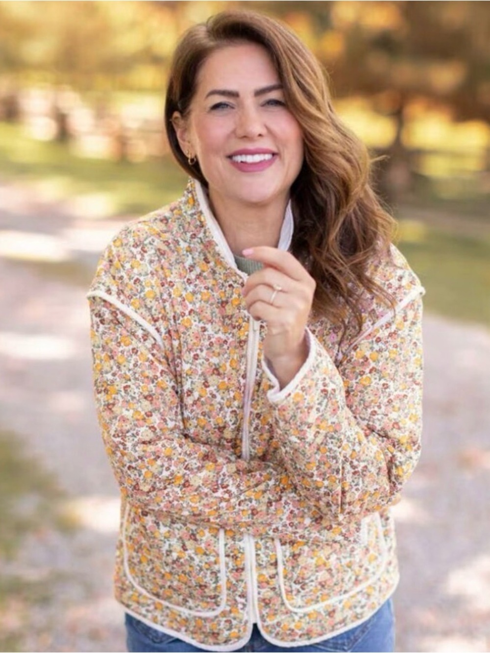 Joe Fresh Jillian Harris Floral Quilted Jacket in Pink, Yellow & Cream